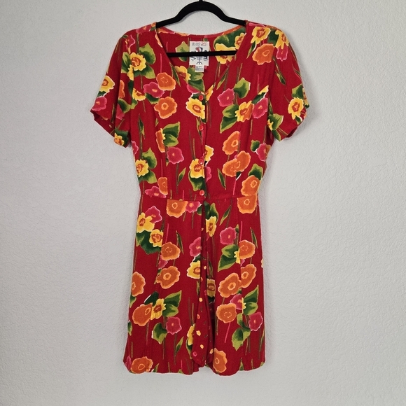 Vintage Floral Print Short Sleeve Button Down Red Sun Dress - Picture 1 of 5